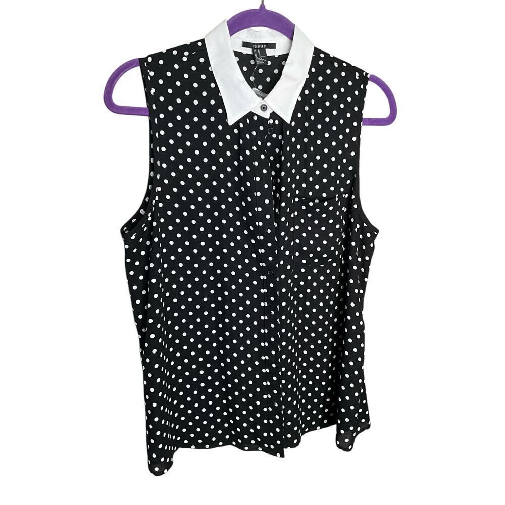 Forever 21 Polka Dot Sleeveless Button-Up Blouse Collared Black Womens Sz‎ M NEW
